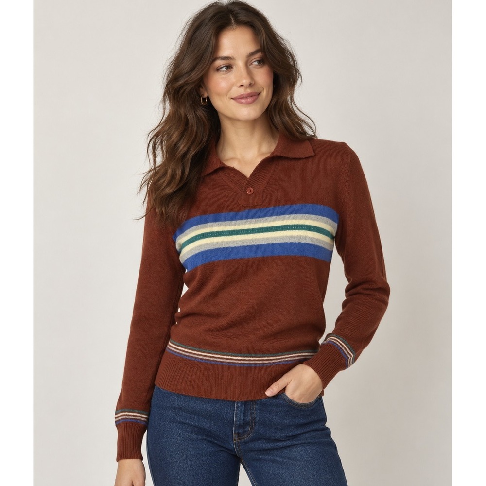 Vintage Falcon Court Burgundy Striped Knit Polo Sweater Brown Blue Green M